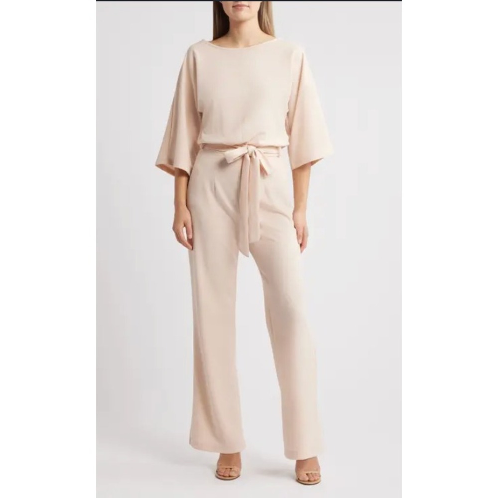 Nikki Lund Peach Short Sleeve Belted Wide Leg Jumpsuit Small Keyhole Back